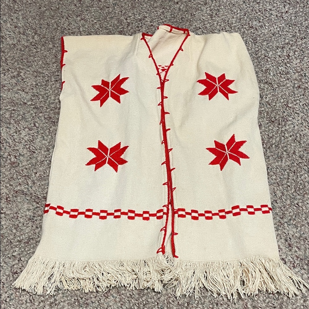 Vintage handmade - embroidered Cream and Red Fringed vest